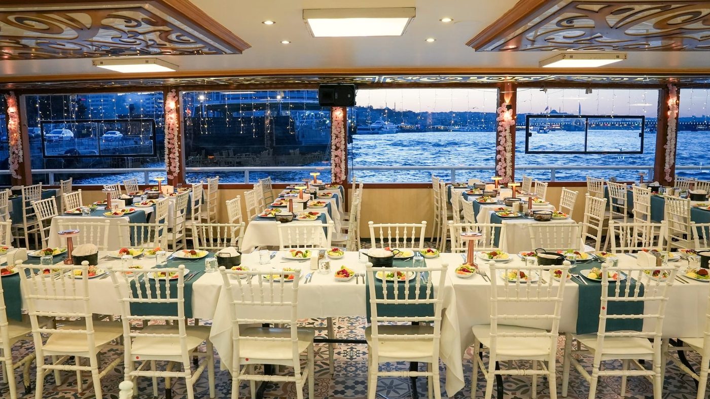 Aerial view of the cruise vessel on the Bosphorus at night